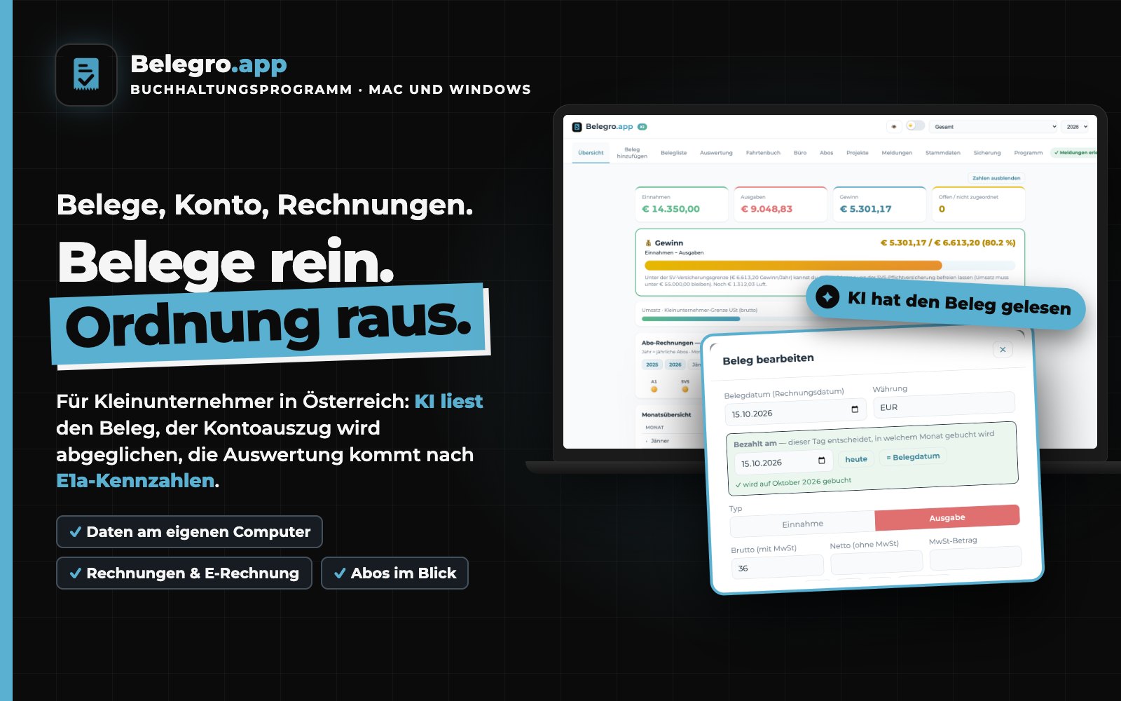 Belegro: Übersicht mit Einnahmen, Ausgaben und Gewinn einer erfundenen Massagepraxis und das Fenster „Beleg bearbeiten“, Schriftzug „Belege rein. Ordnung raus.“