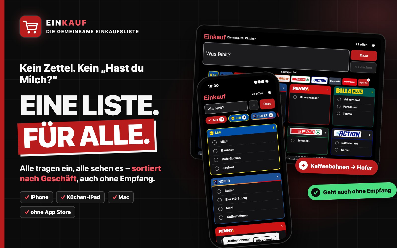 Einkaufs-App: dieselbe Einkaufsliste mit den Geschäften in ihren Farben am iPhone und am Küchen-iPad, Schriftzug „Eine Liste. Für alle.“