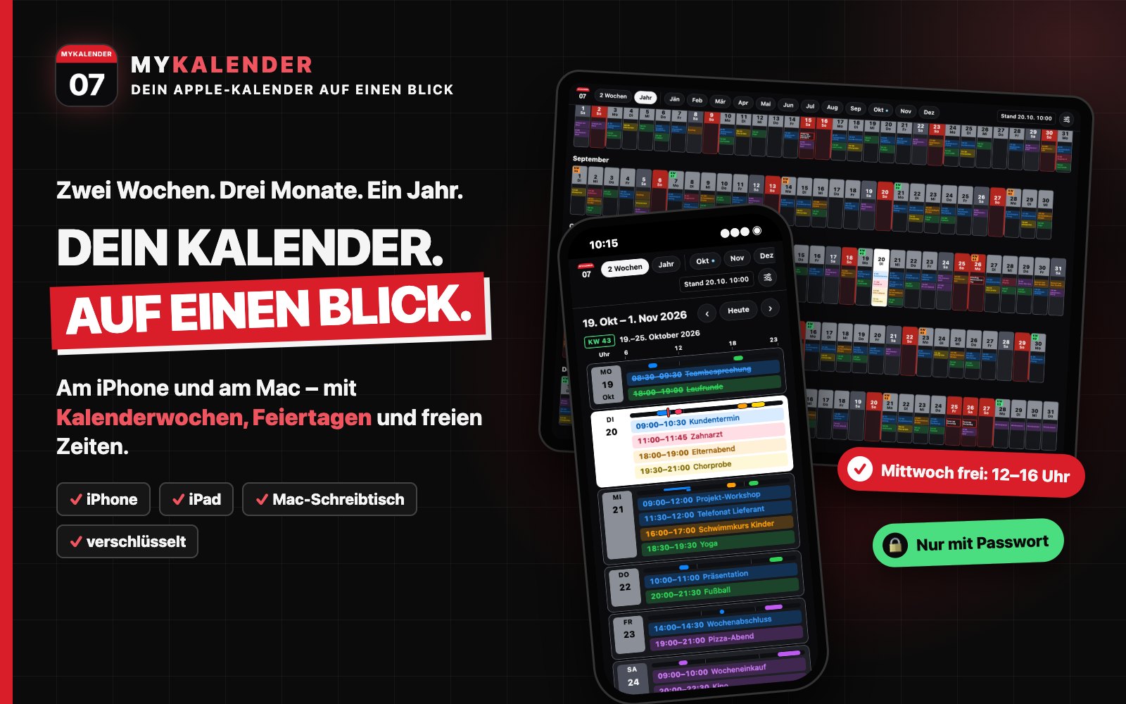 MyKalender: zwei Wochen mit erfundenen Terminen am iPhone und das ganze Jahr am iPad, Schriftzug „Dein Kalender. Auf einen Blick.“
