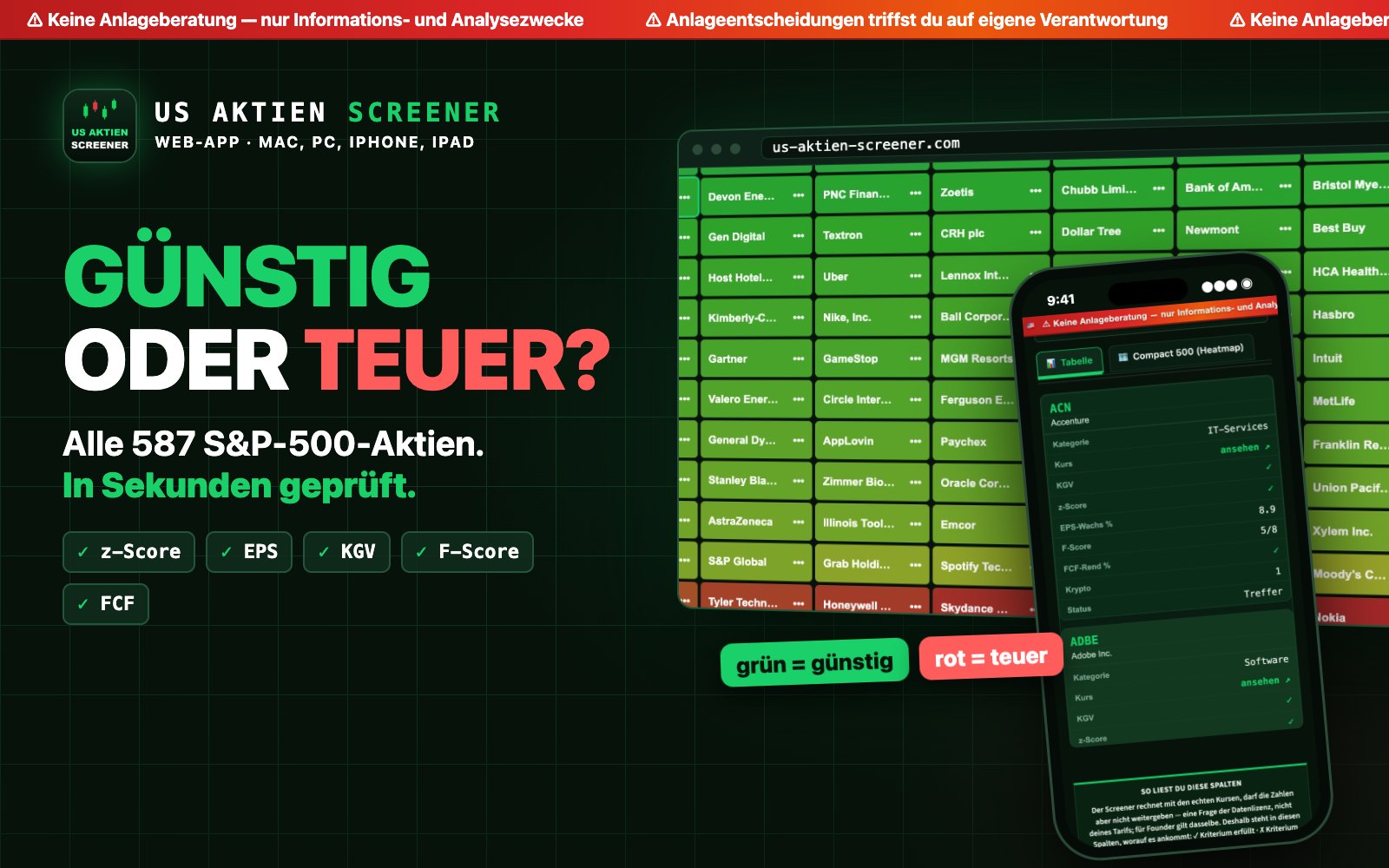 US Aktien Screener: Heatmap aller Aktien von grün bis rot und die Trefferliste am Handy