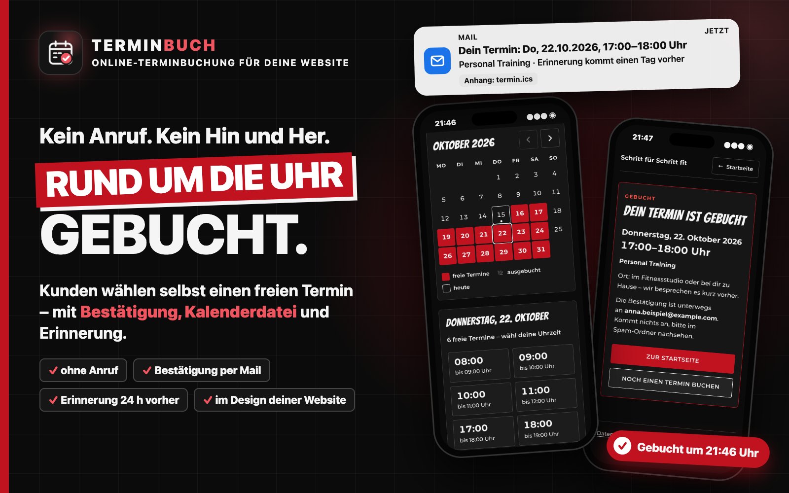 Terminbuch: Handy mit Kalender und freien Uhrzeiten, daneben die Bestätigung „Dein Termin ist gebucht“ und die Mail mit Kalenderdatei