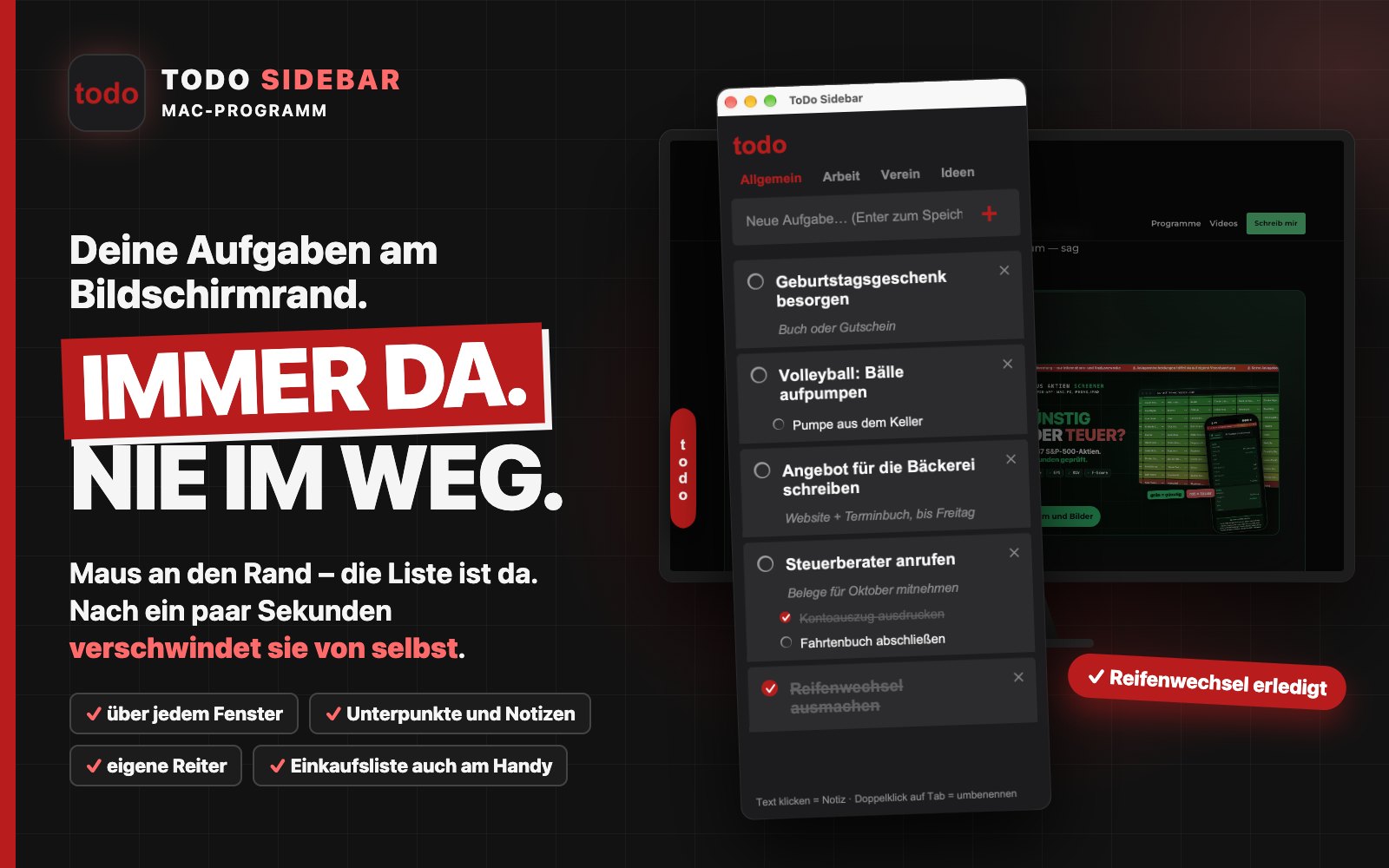 ToDo Sidebar: Aufgabenliste mit Beispiel-Aufgaben, Unterpunkten und Notizen vor einem Mac-Bildschirm, daneben der rote Reiter am Bildschirmrand