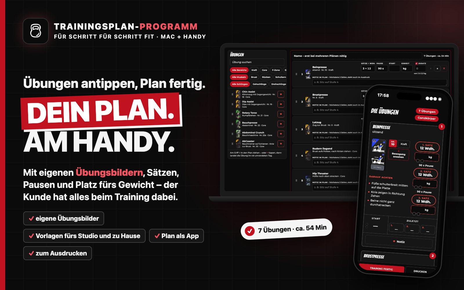 Trainingsplan-Programm: Übungsliste mit eigenen Übungsbildern am Mac und der fertige Plan eines erfundenen Beispielkunden am Handy, Schriftzug „Dein Plan. Am Handy.“