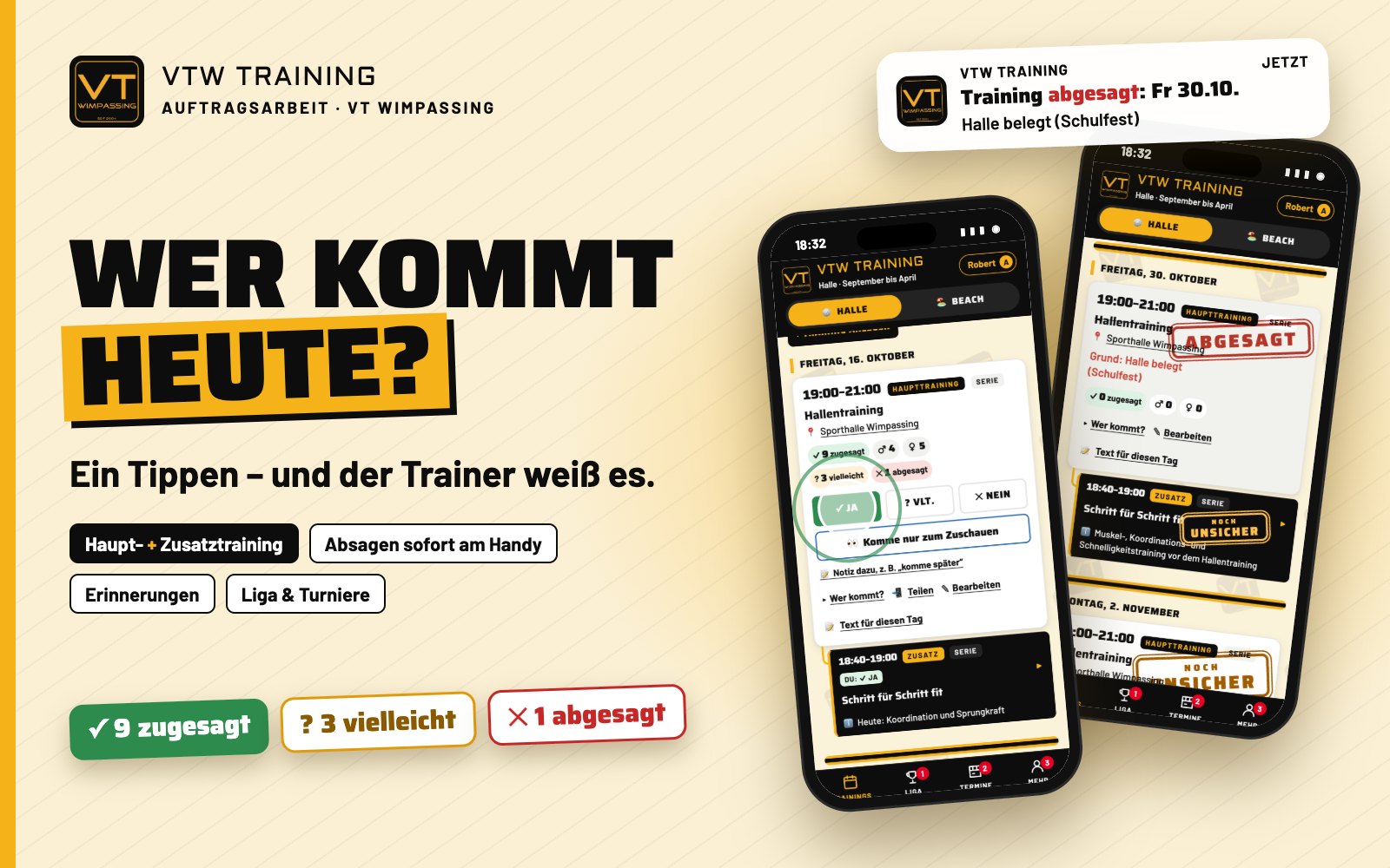 VTW Training: zwei Handys mit Zusagen und einem abgesagten Training