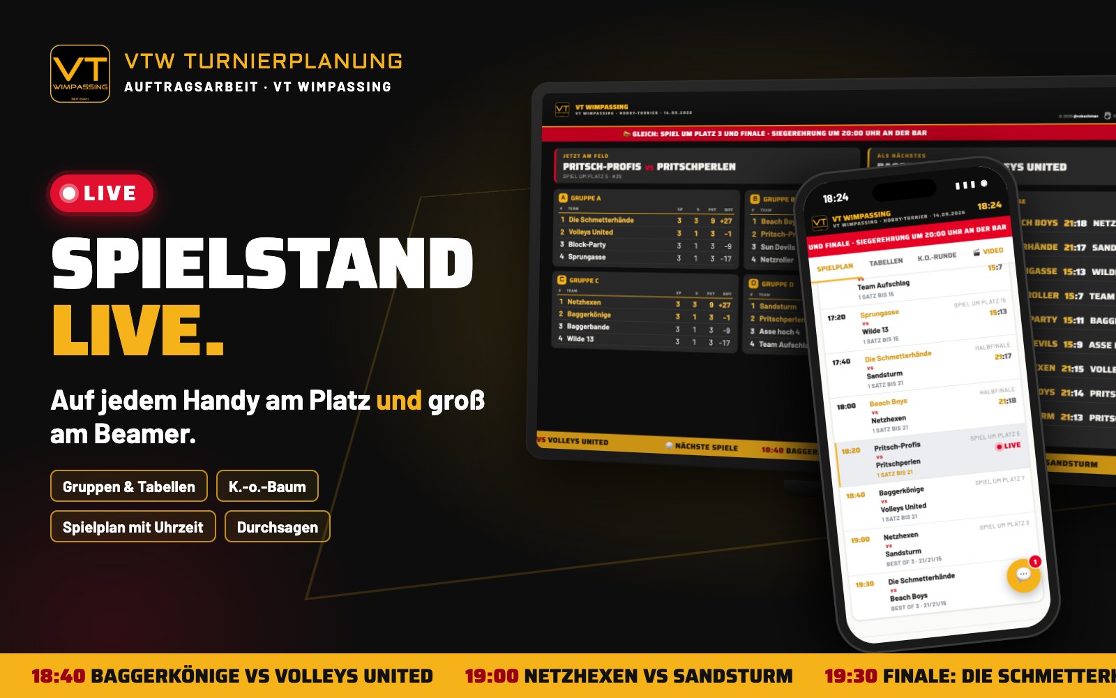 VTW Turnierplanung: Beamer-Anzeige und Handy mit dem laufenden Spiel
