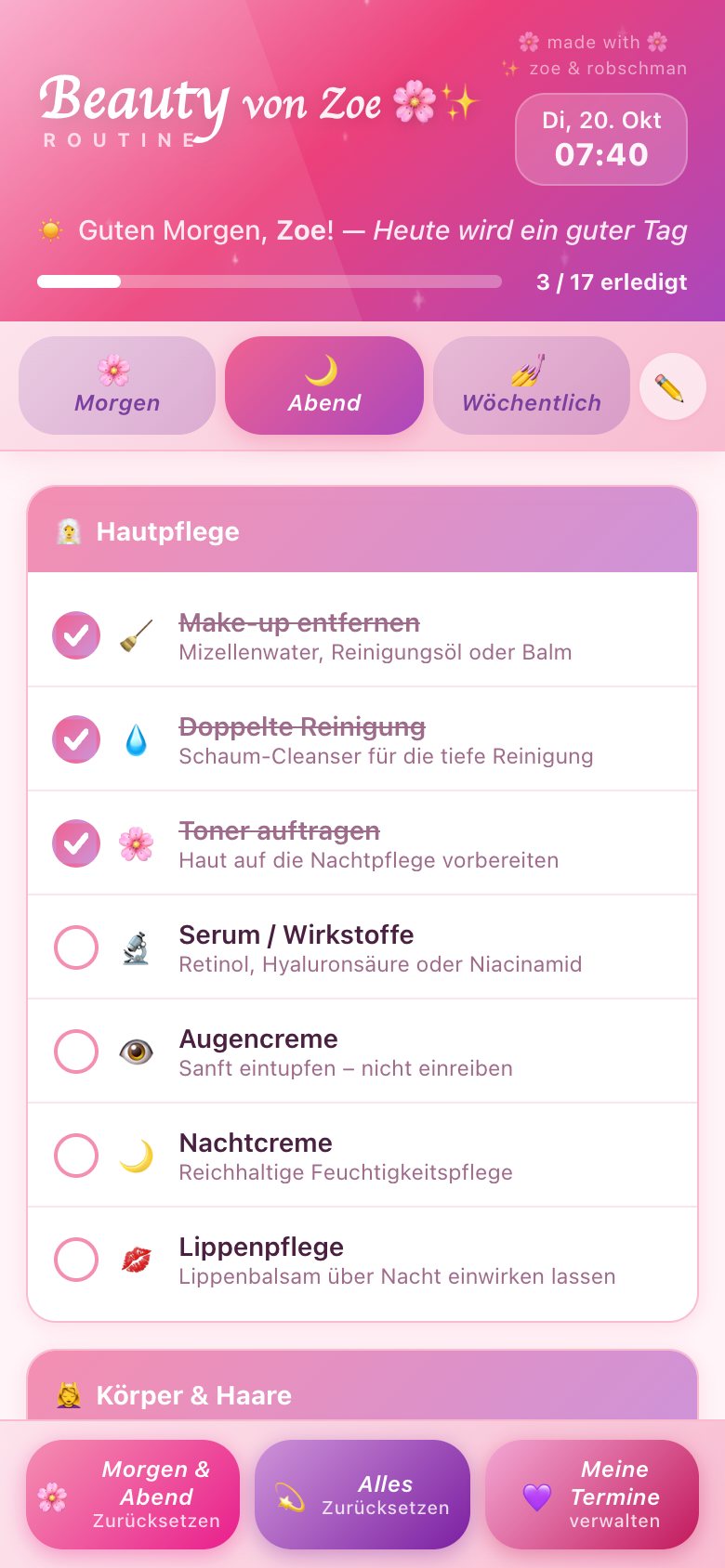 Abendroutine: Pflege, Körper und Haare, Wellness