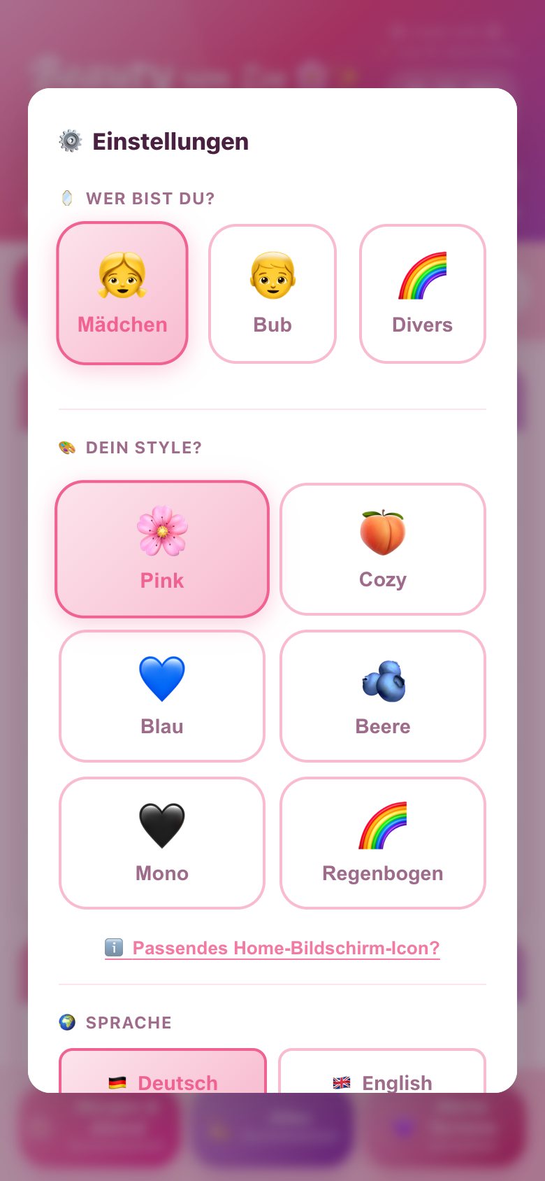 Einstellungen: Mädchen, Bub oder Divers, 6 Designs, Sprache