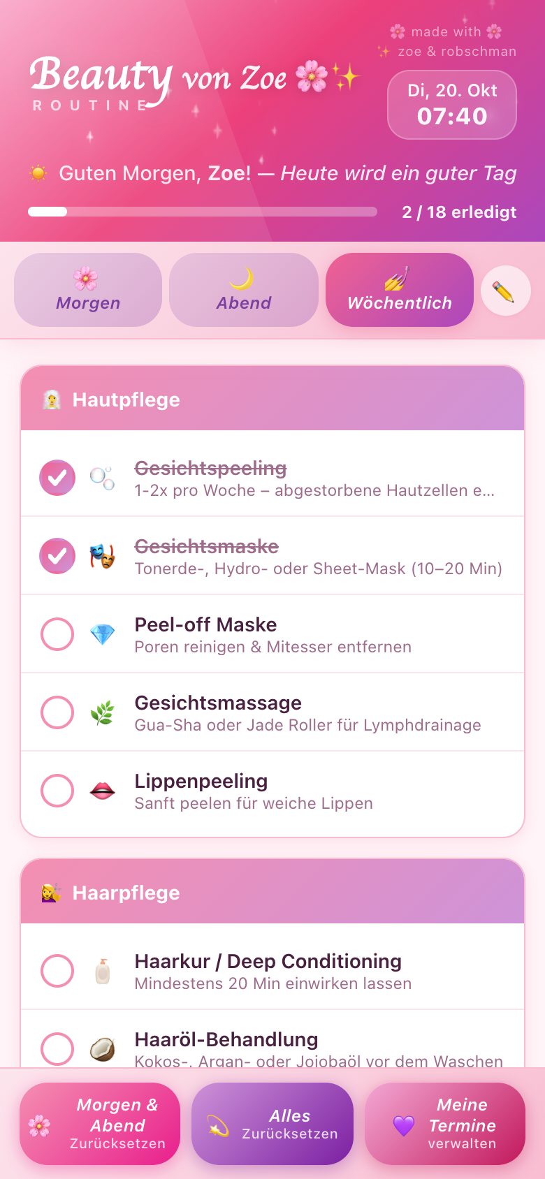 Wöchentlich: Masken, Haarkur, Maniküre und mehr