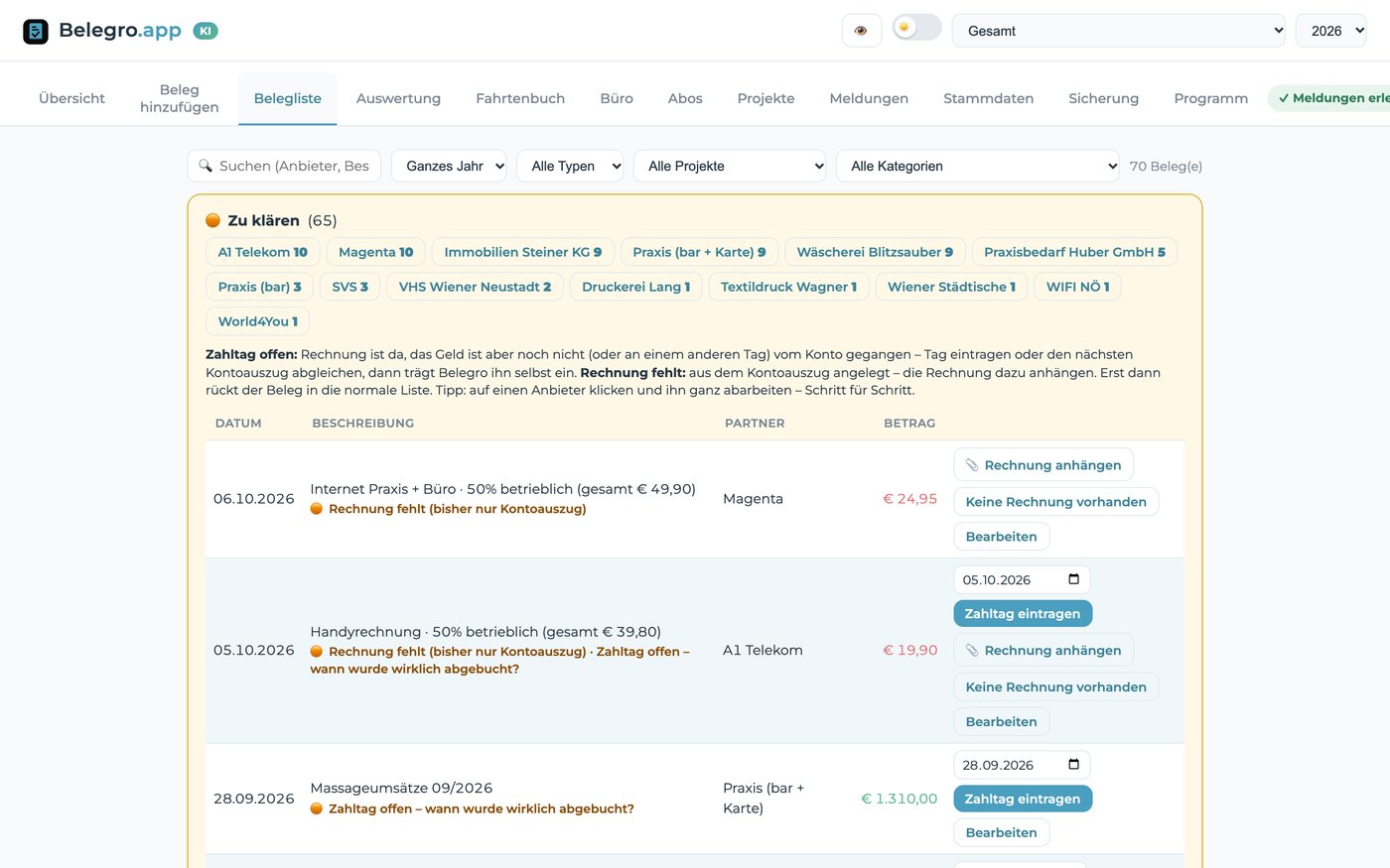 Belegliste mit dem Bereich „Zu klären“, nach Anbietern sortiert