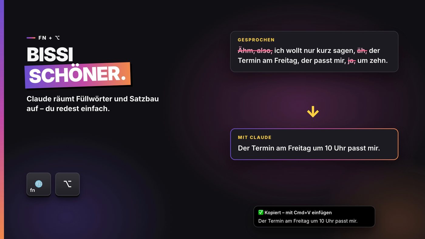 Fn + ⌥: Claude räumt Füllwörter und Satzbau auf