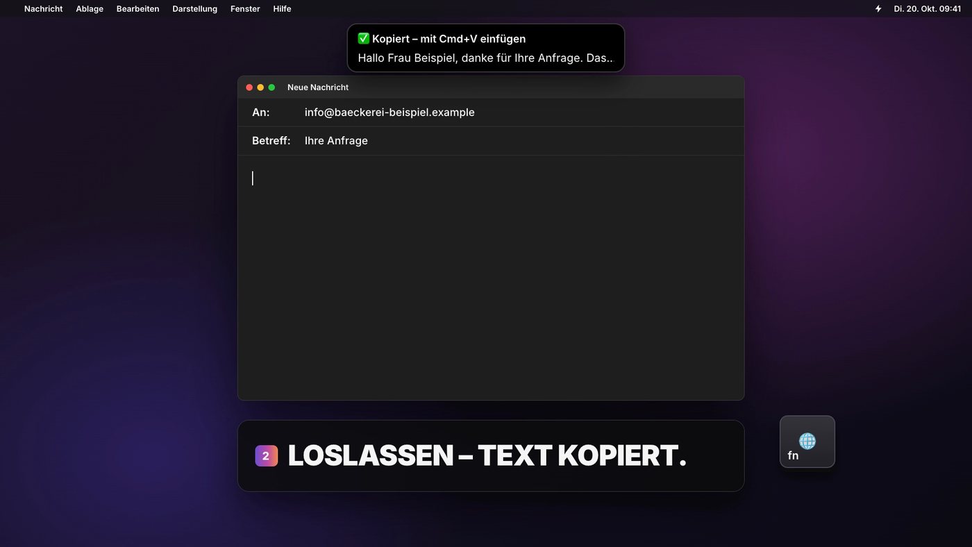 Loslassen: Whisper erkennt, der Text ist kopiert