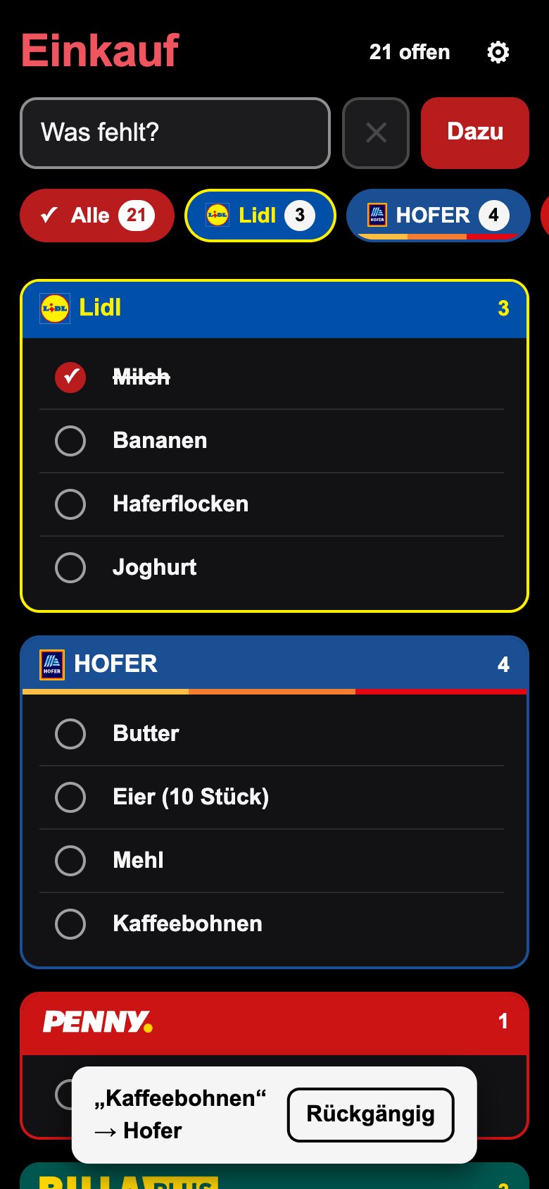 Ein abgehakter Eintrag, rot und durchgestrichen