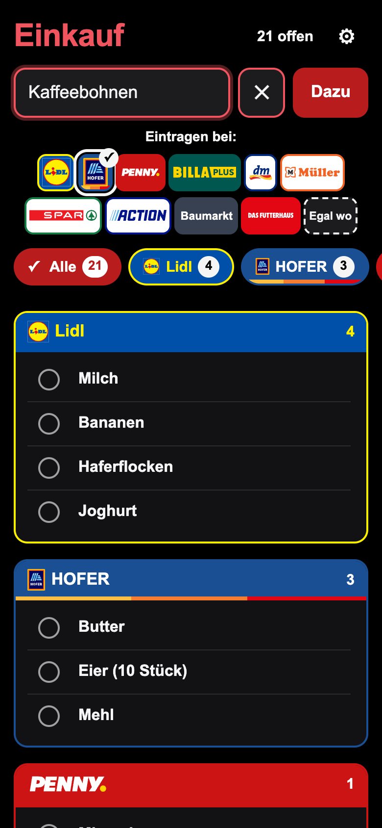 Eintragen: Text schreiben und Geschäft auswählen