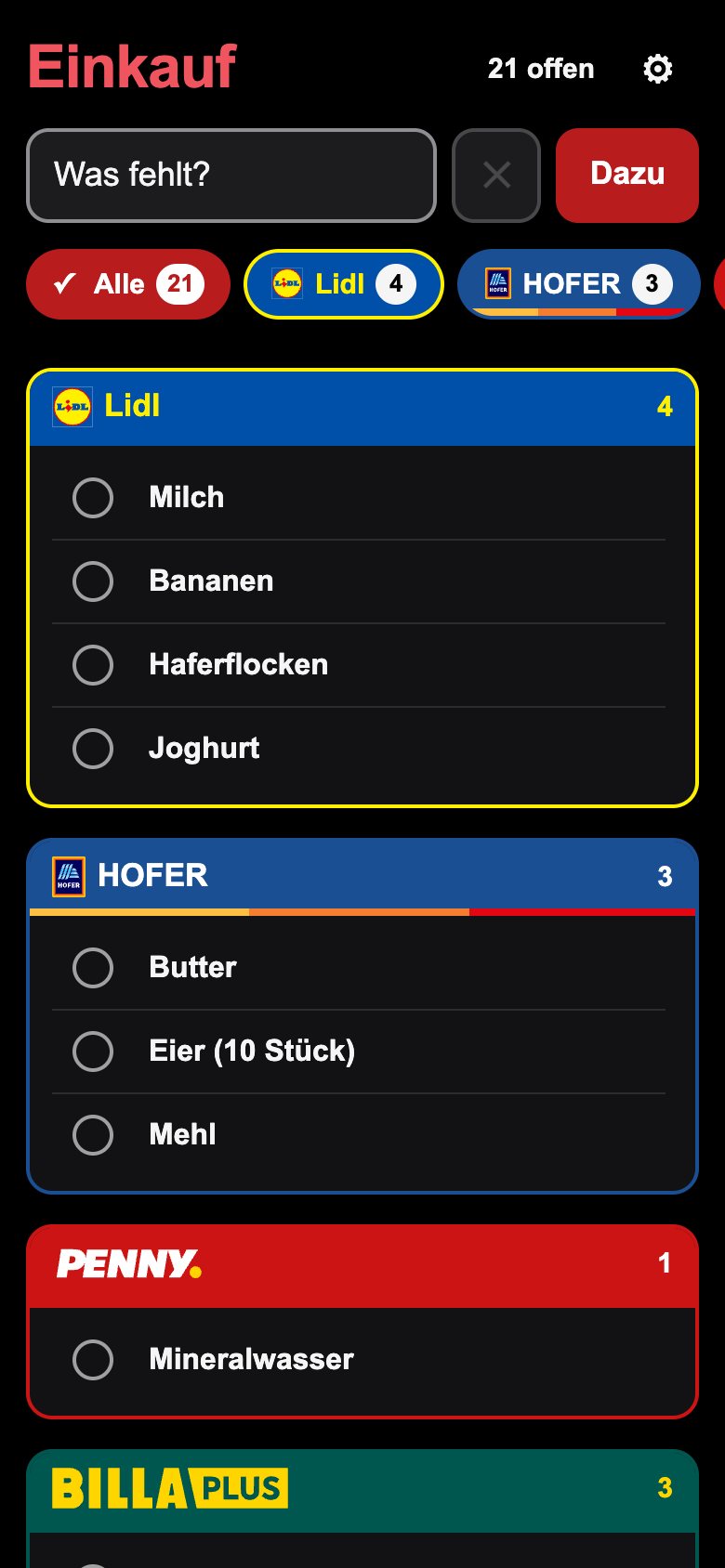 Die Einkaufsliste nach Geschäften sortiert