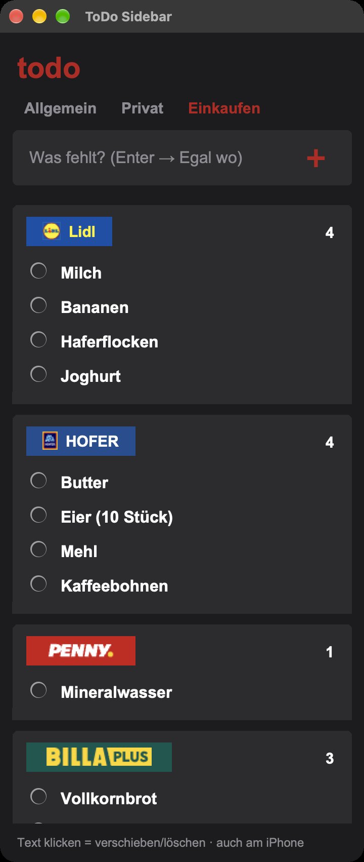 Die ToDo Sidebar am Mac mit derselben Einkaufsliste