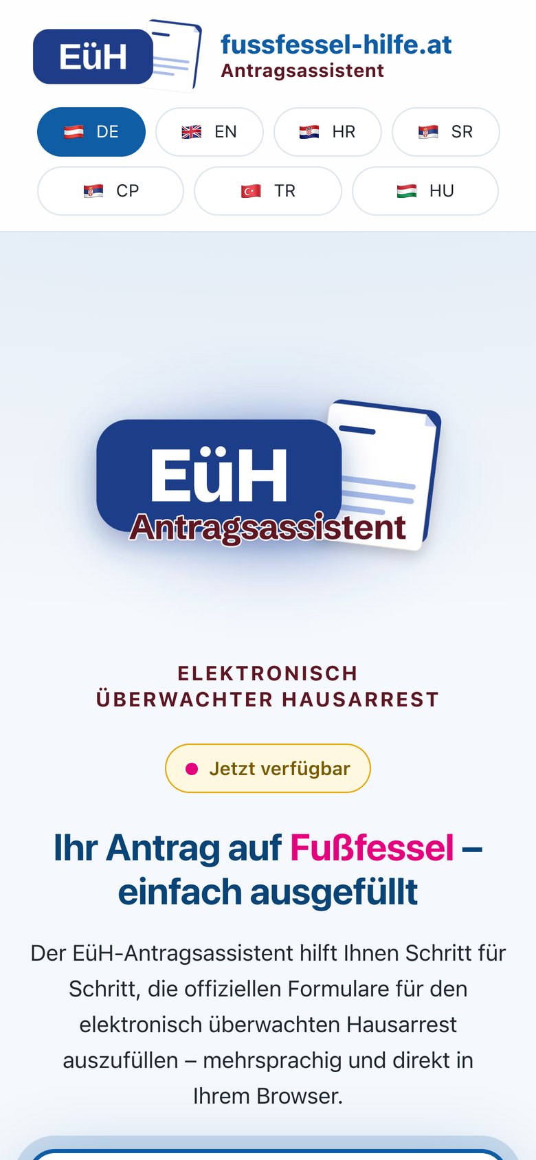Am Handy: Startseite von fussfessel-hilfe.at