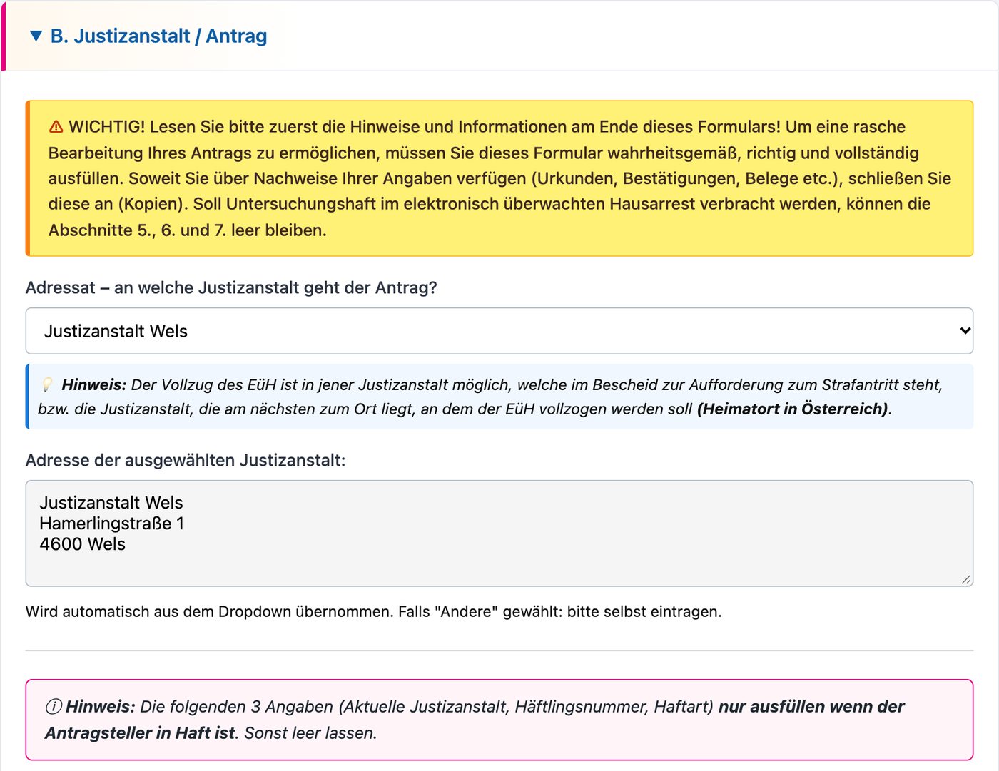 Justizanstalt aus der Liste wählen – die Adresse kommt von selbst, Hinweise direkt beim Feld