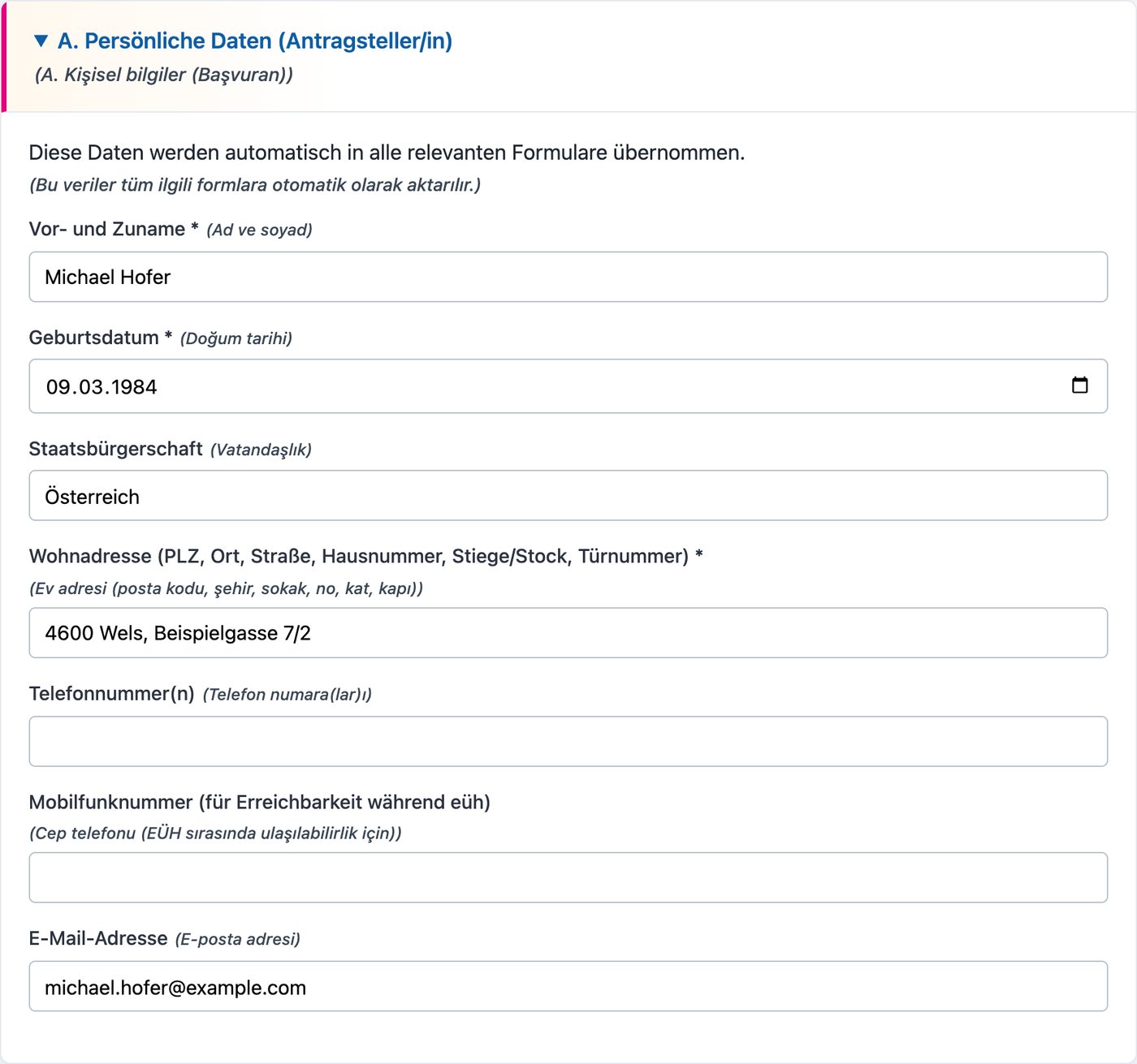 Zweisprachig: Deutsch bleibt stehen, die Übersetzung steht daneben (hier Türkisch)