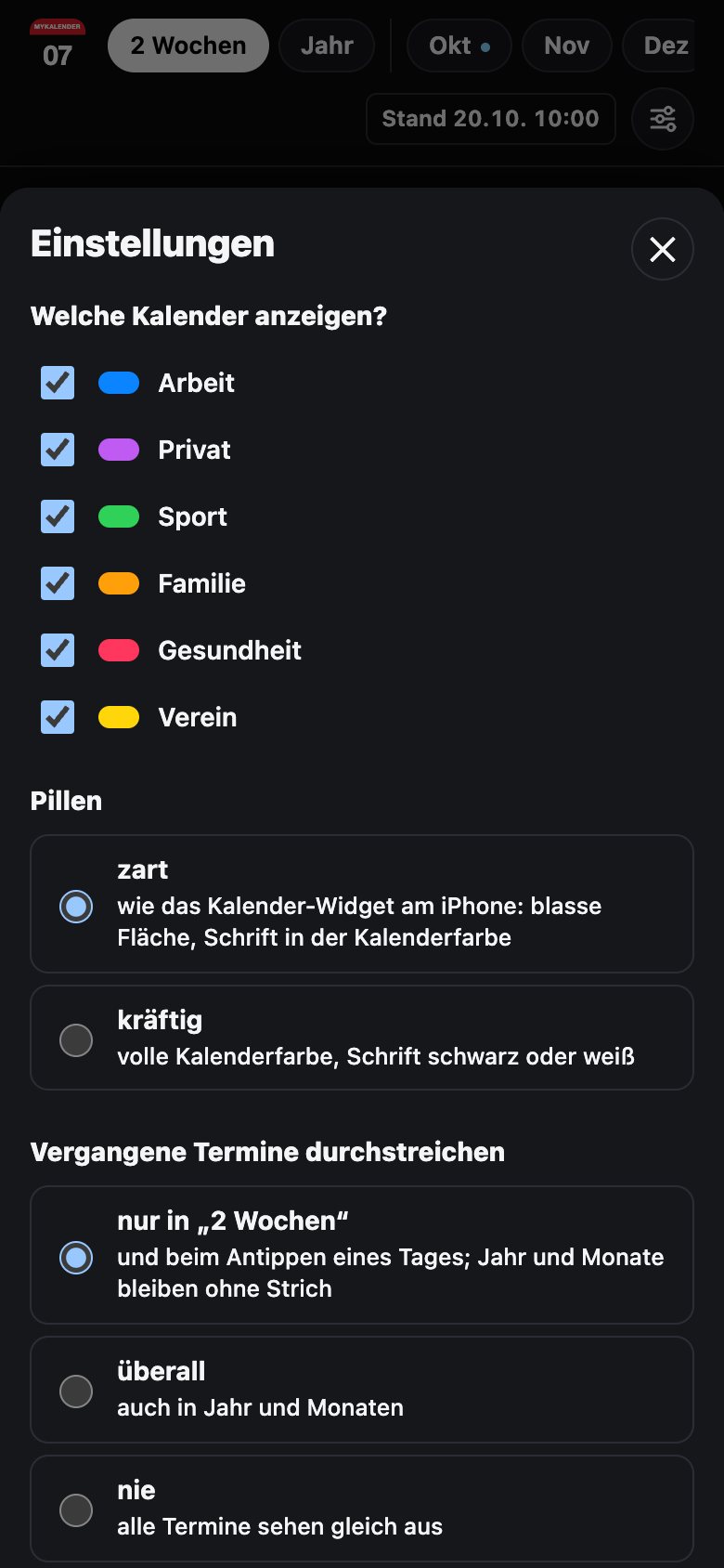 Einstellungen: welche Kalender, Pillen, Durchstreichen