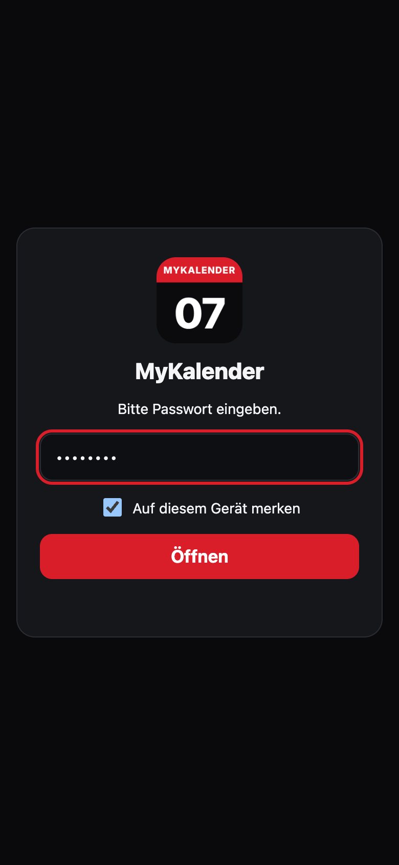Die Passwort-Abfrage von MyKalender