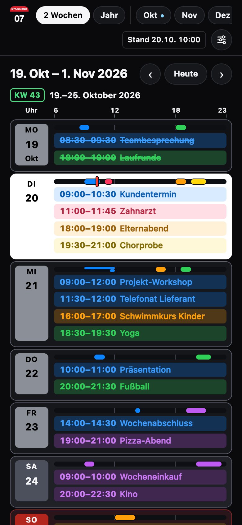 Zwei Wochen mit Terminen in den Kalenderfarben