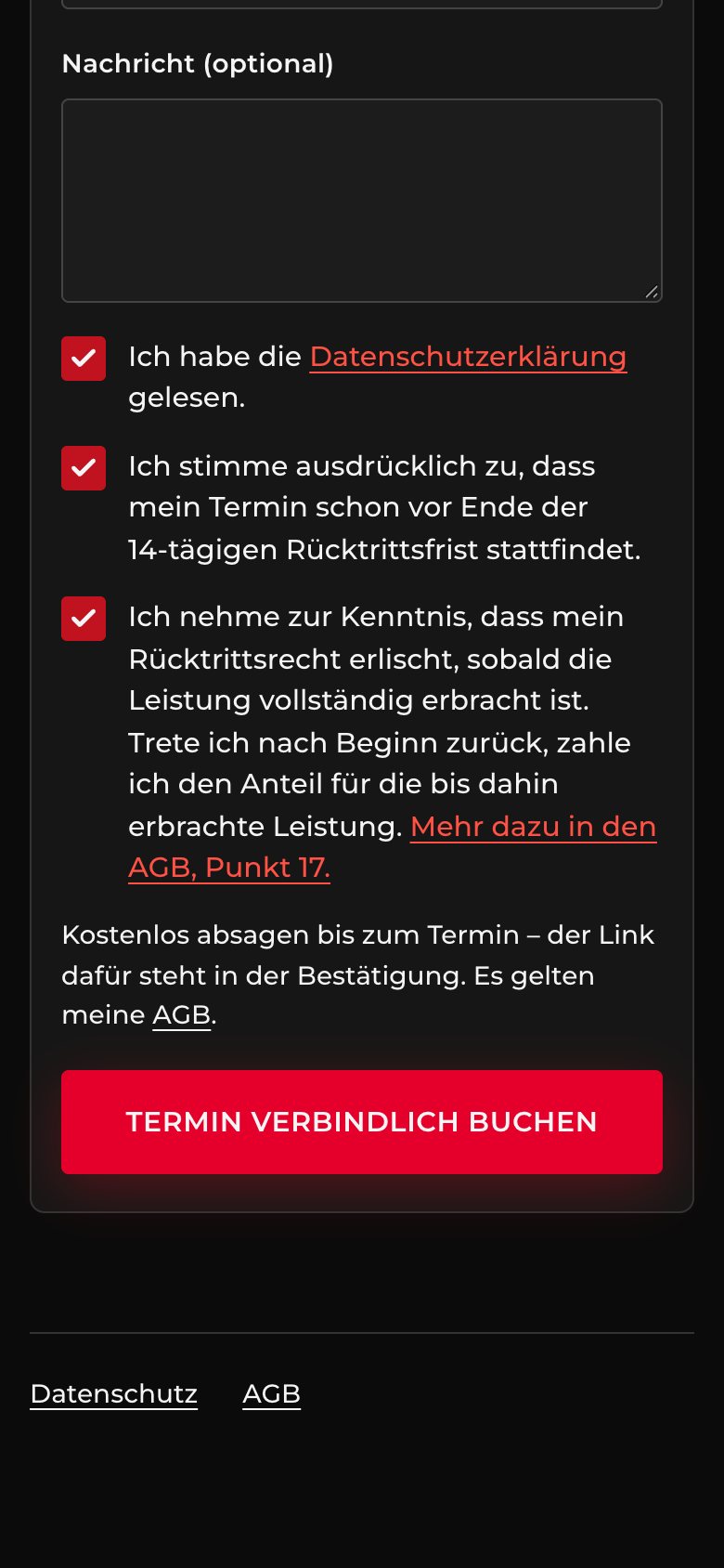 Name, Mail, Telefon – und die Häkchen für Datenschutz und Rücktritt