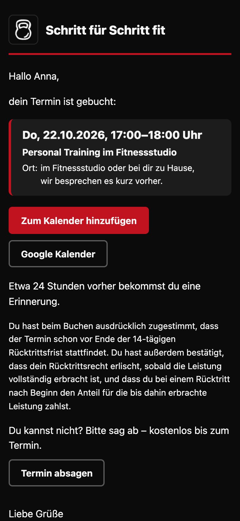 Die Mail: Kalender-Knopf, Google Kalender, Absagen