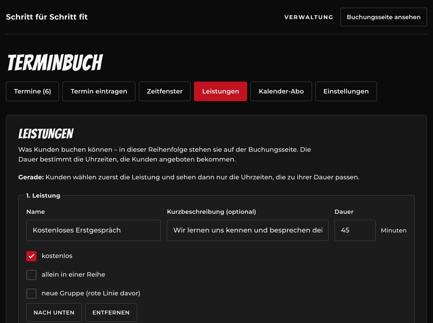 Leistungen mit Name, Kurztext und Dauer selbst pflegen