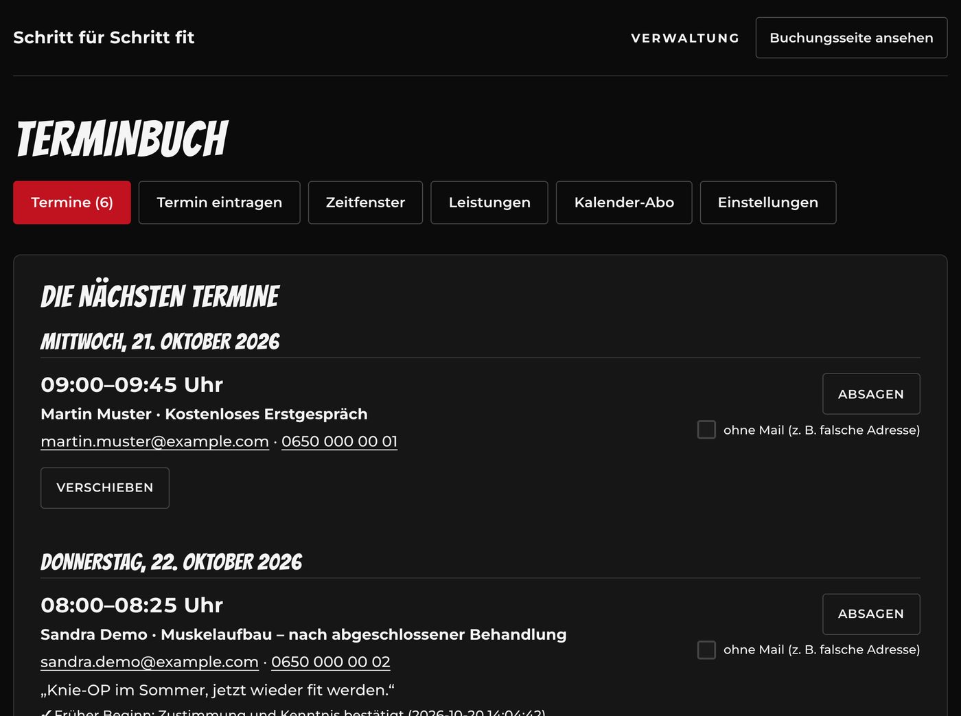 Verwaltung: die nächsten Termine, absagen oder verschieben