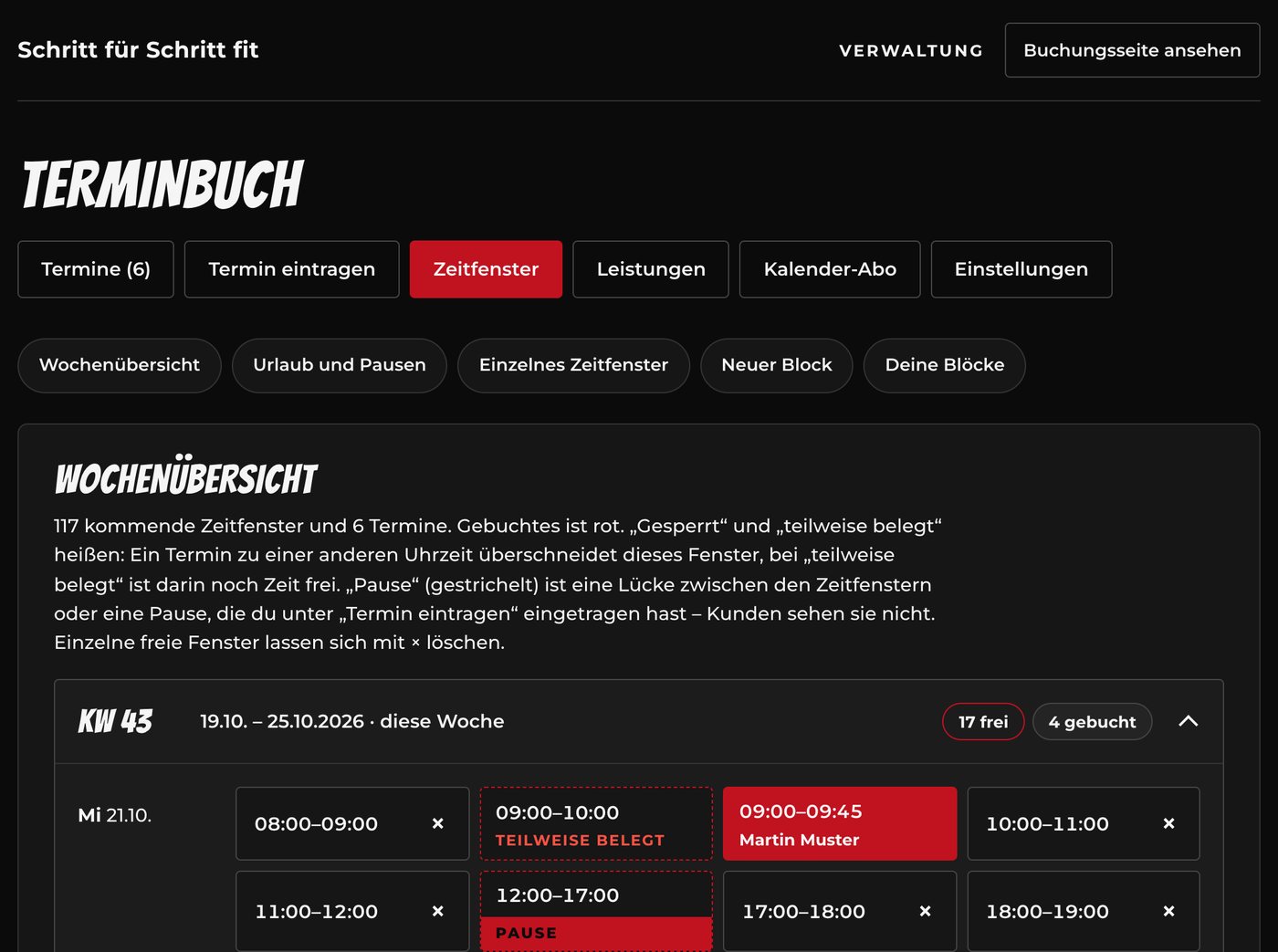 Wochenübersicht der Zeitfenster mit Urlaub und Pausen