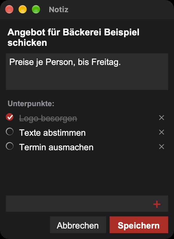 Text anklicken: Notiz und Unterpunkte bearbeiten