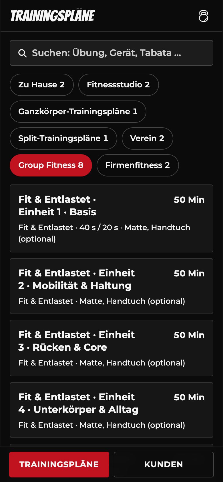 Trainings-App mit Einheiten für Group Fitness