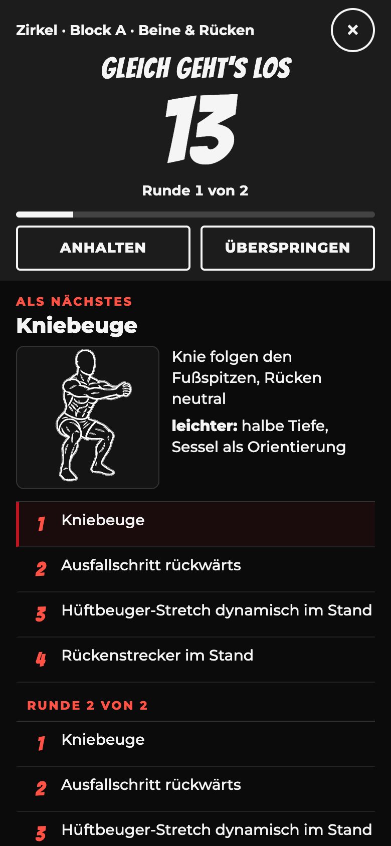 Der laufende Timer mit der nächsten Übung