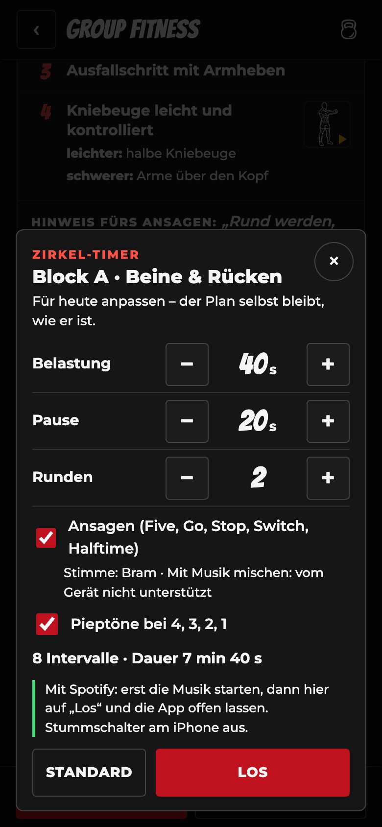 Einstellungen des Zirkel-Timers
