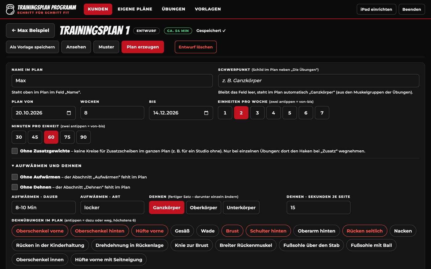 Plan-Einstellungen im Programm