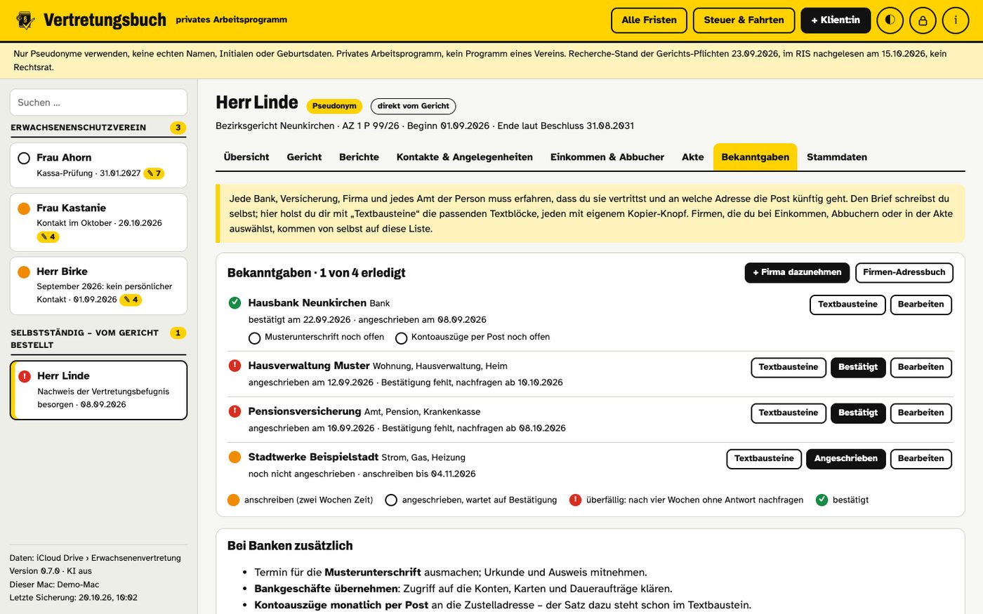 Bekanntgaben bei erfundenen Firmen mit Status
