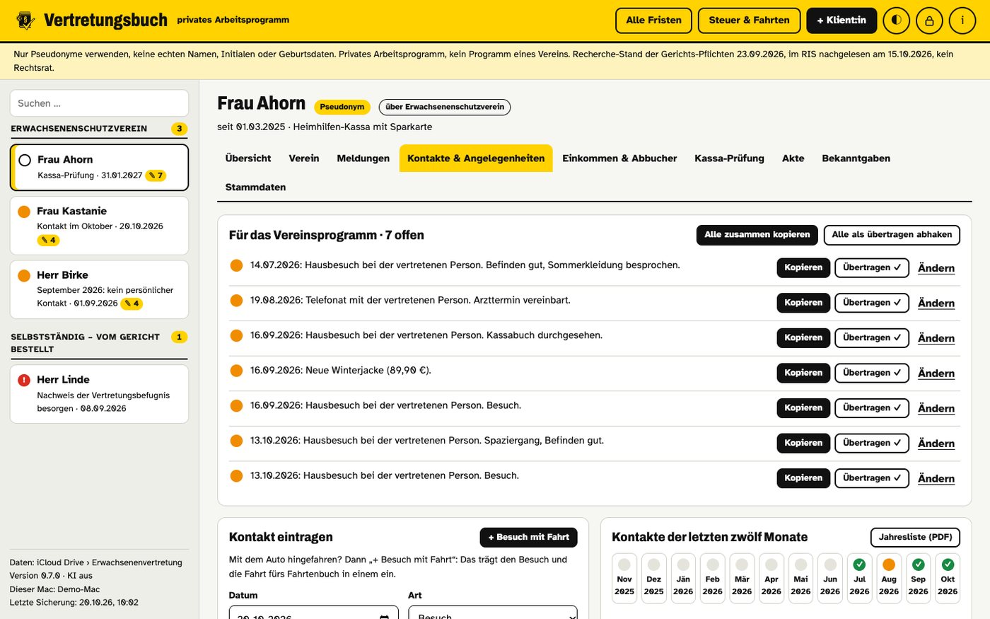Liste mit Texten fürs Vereinsprogramm und Kopier-Knöpfen