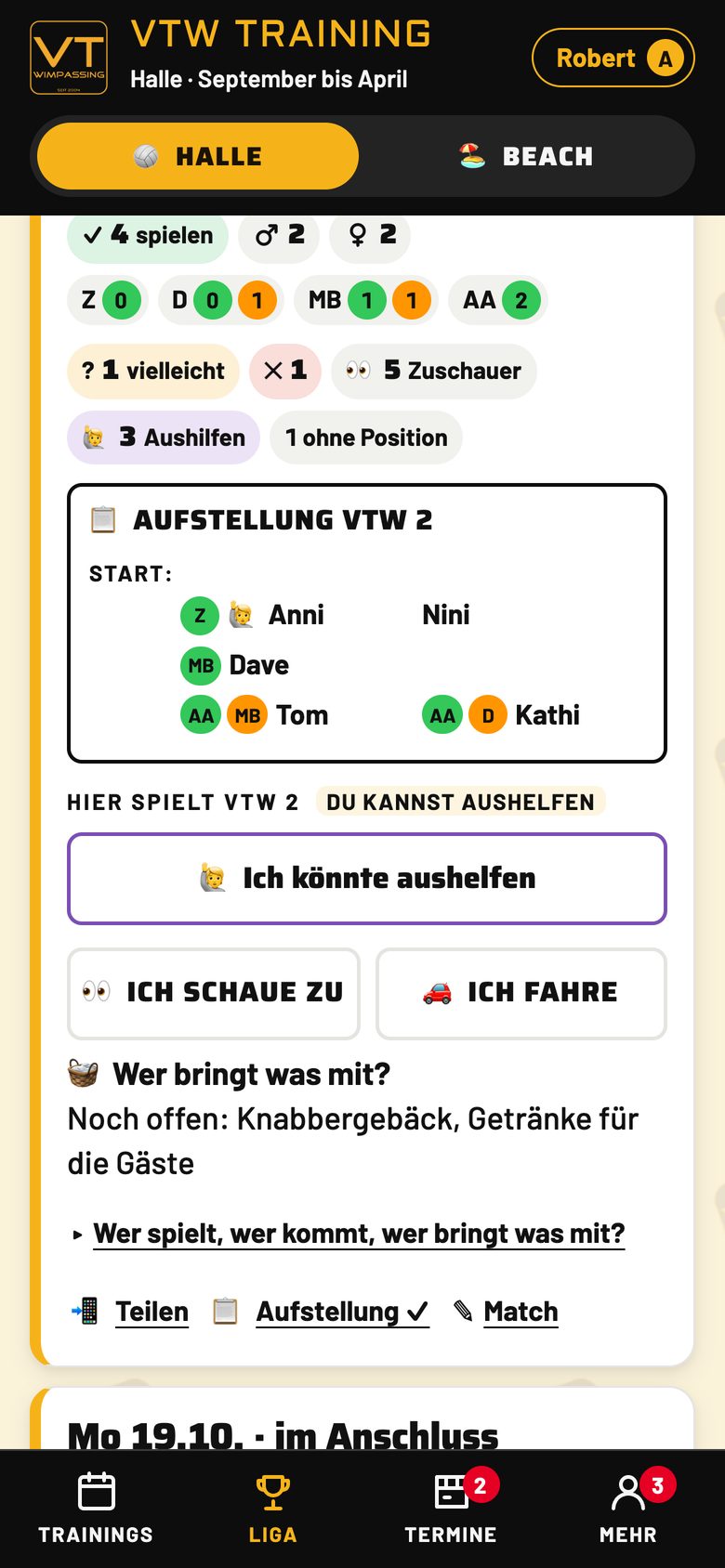 Aufstellung für das Match