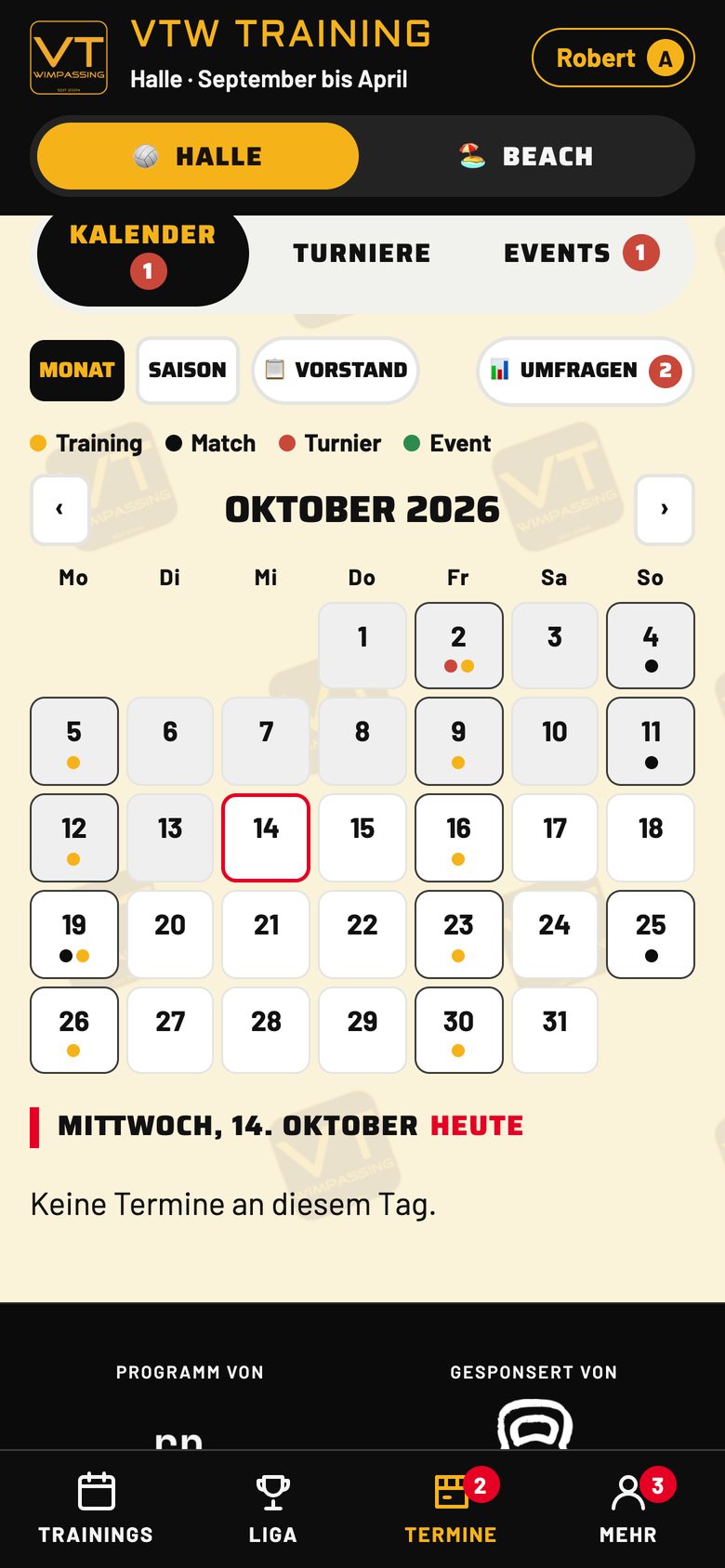 Kalender mit Trainings, Matches, Turnieren und Events