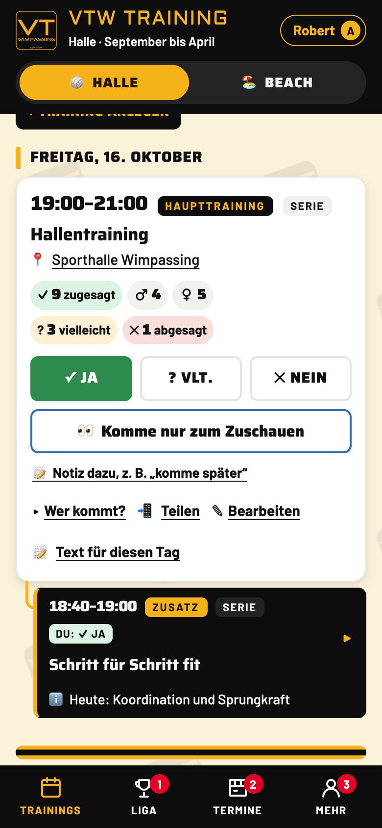 Freitag: Haupttraining mit Zusagen, davor das Zusatztraining