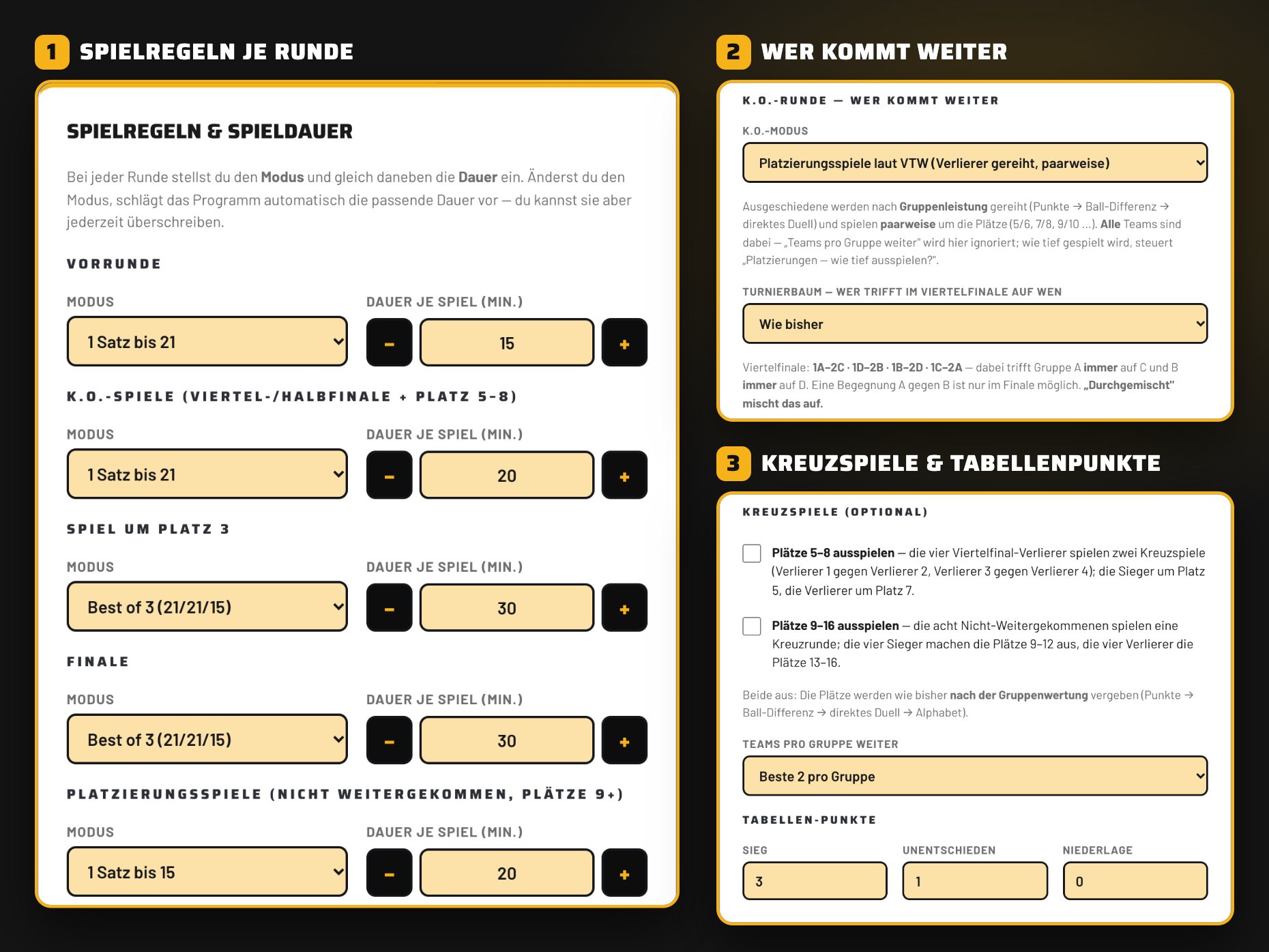 Einstellungen: Spielregeln je Runde, wer kommt weiter, Kreuzspiele und Tabellenpunkte