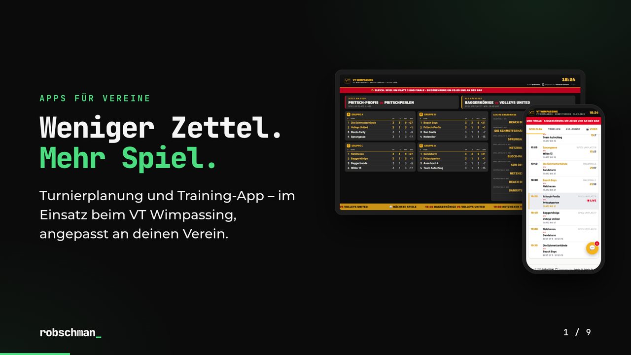 Erste Folie der Beispiel-Präsentation: Weniger Zettel. Mehr Spiel. – Apps für Vereine